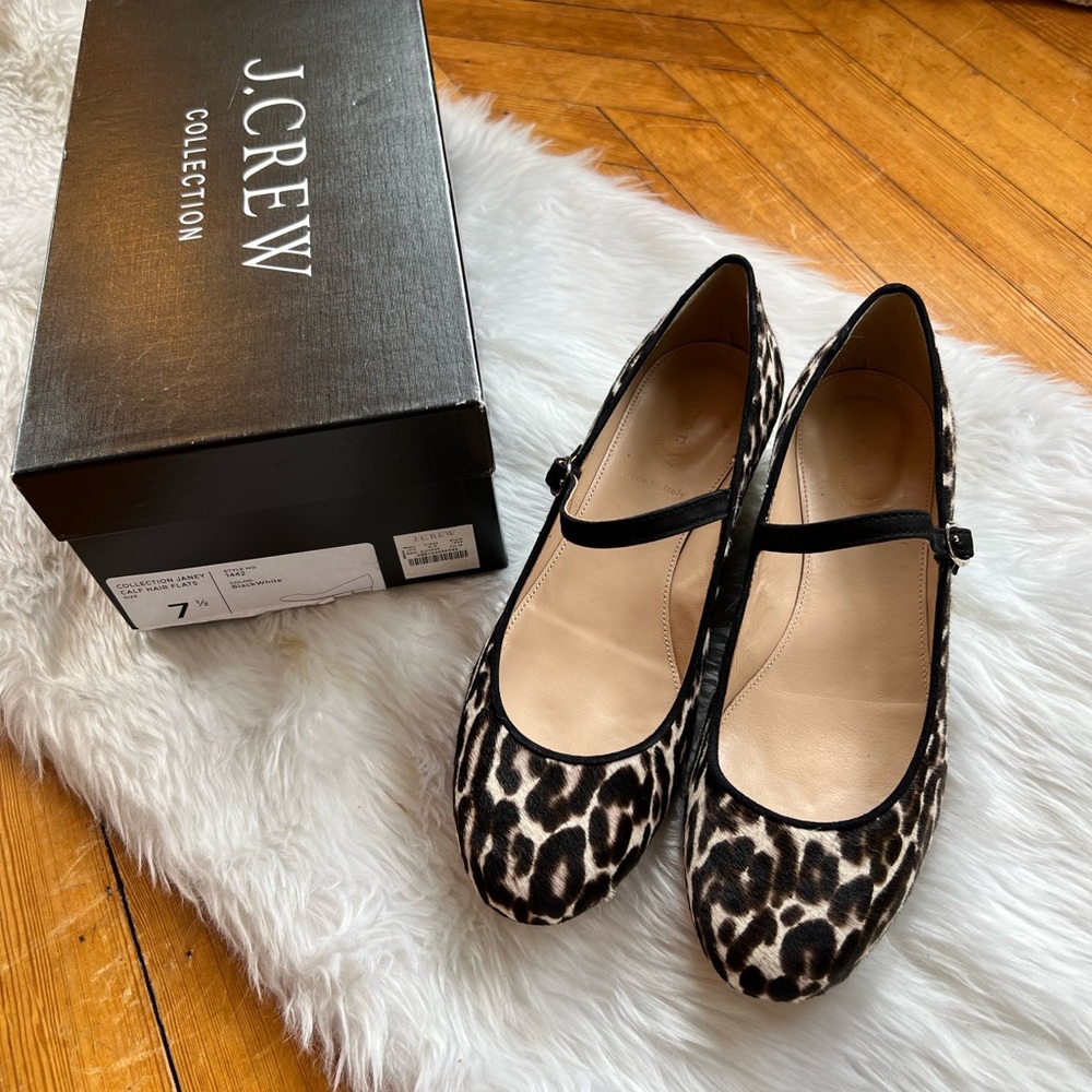J.Crew Womens Janey calf hair flats leopard print shoes flats 7.5 Mary Jane
